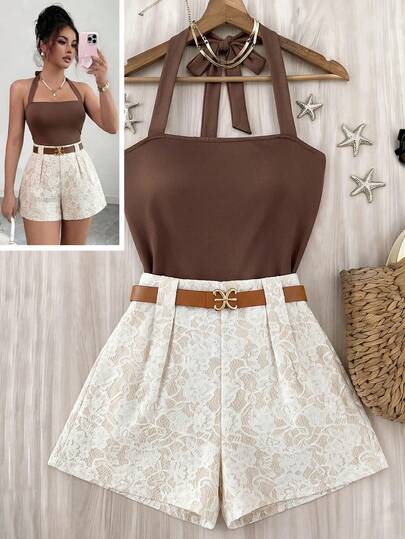 Elenzga Conjunto casual diario de top con lazo halter y shorts de unicolor para mujer
