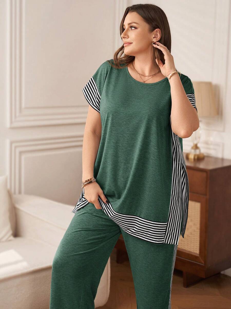 Rosumi Plus Size Striped Patchwork T-Shirt + Pants, Grey 2 Pieces Set - Dark Green - View 1