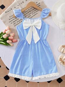 Girls' Blue And White Striped Summer Romper,Cute Flutter Sleeve Ruffle Trim V-Back With Bow,Elastic Waist Vacation Holiday Outing Youthful Romper - Blue - View 6