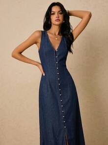 Poéselle Đầm denim nữ cổ chữ V cài một hàng khuy, không tay, kiểu dáng thường ngày. - Màu xanh lam - Xem 4