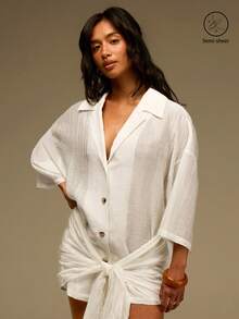 Athîral Women's Holiday Casual Shirt Set, Summer White Outfit, Beach Holiday Outfit, Semi Transparent Shirt Set, Date Party Outfit, Daily Outfit, - White - View 1