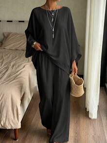 Conjunto de 2 piezas de blusa holgada y pantalón blanco fluido, conjunto de ropa de estar en casa para primavera/verano para mujeres - Negro - Ver 3