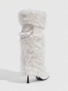 CUCCOO SZL Women's Pointed Toe Buckle Design Faux Fur Fashion High Heel Knee-High Boots - White - View 3