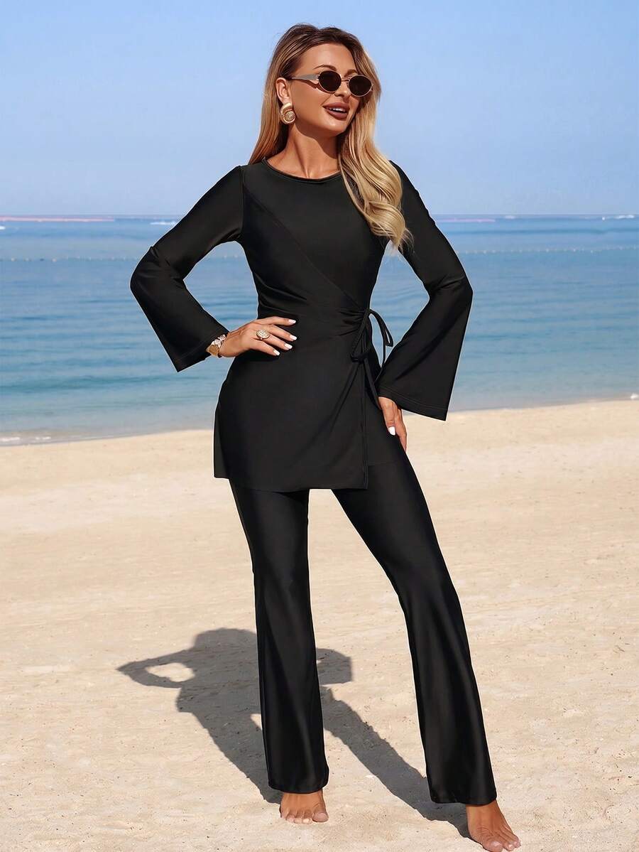 SHEIN Swim 女士新款保守泳装,纯色休闲布基尼套装,长袖上衣搭配高腰泳裤,修身显瘦,适合中东度假穿着 - 黑色 - 查看 1