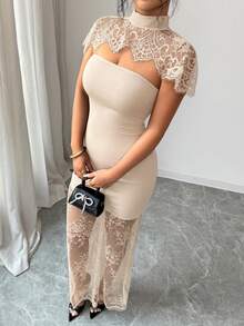 SHEIN Elenzya Vestido de manga corta ajustado, transparente, con parches de encaje y calado de unicolor - Albaricoque - Ver 5