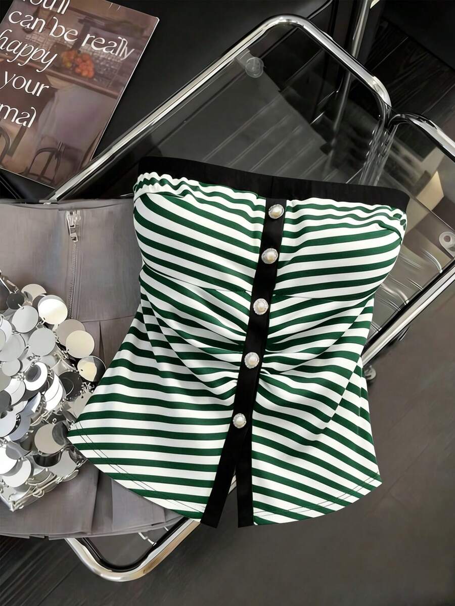 GlowEve CURVE Plus Size Elegant Knit Striped Casual Daily Commute Date Outing Front Pearl Button Cardigan Camisole Tank Top - Green - View 1