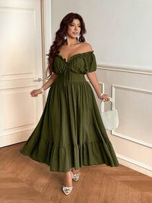 Vionelle Plus Size Retro Hong Kong Style Off Shoulder Ruched Elegant Short Sleeve Dress - Army Green - View 4