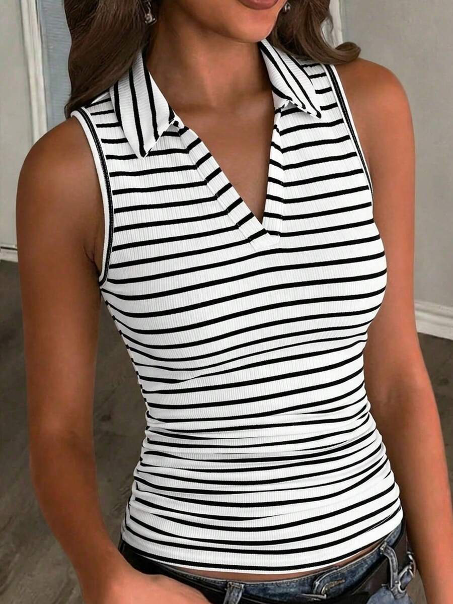 Slaydiva Black & White Striped Polo Neck Ruched Waist Basic Camisole, Suitable For Spring & Summer,Summer Top - Multicolor - View 1