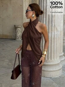 Siren Gaze Áo tank top nữ thanh lịch, thoải mái, cổ yếm buộc chéo, lưng hở, cài cúc, xẻ tà, thích hợp cho kỳ nghỉ hè, đi biển, dự tiệc hoặc công sở. - Cà phê nâu - Xem 3