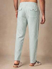 HIMLAND Men's Casual Woven Vertical Striped Mid-Waist Drawstring Tapered Pants - Green - View 2