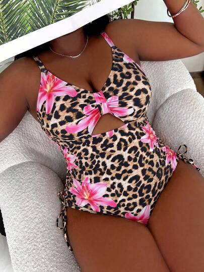 Slaydiva Costume da bagno intero taglia comoda con stampa leopardata e floreale