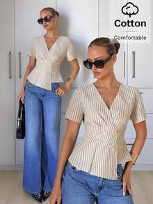 Siren Gaze Verano,Estilo Francés Elegante,Blusa de Lujo con Cuello en V y Volantes para Brunch Chic para Mujeres,Top de Manga Corta Ajustado y Cómodo para Oficina y Trabajo - Multicolor - Ver 2