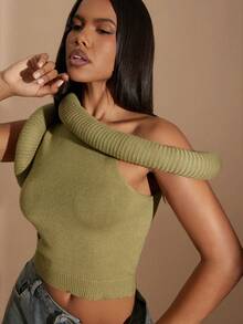 Denimoi Round Tube Neck And Sleeve Detail Sweater Top Fall & Winter Statement Sweater Fashionable - Green - View 1