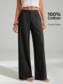SHEIN Tall 100%水洗棉低腰直筒長褲，適合高個女性 - 黑色 - 查看 4