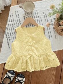LMoss Kids Áo sơ mi dệt kim màu trơn thêu rỗng dáng casual dành cho bé gái - Màu vàng - Xem 5