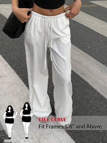 SHEIN Tall CURVE 大码女式休闲宽松直筒裤，轻薄面料，适合春、夏、秋季户外穿着，也可作为运动服穿着。 - 白色 - 查看 3