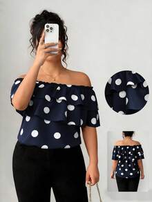 Elenzga Plus Size Women Classic Polka Dot Print Layered Ruffle Off-Shoulder Blouse - Navy Blue - View 8