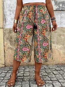 Breezaya Plus Size Women Allover Print Pocket Casual Versatile Daily Wear Pants - Green - View 5