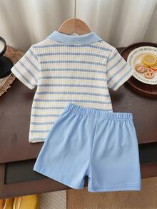 SHEIN Playful Pals 2pcs Infant Toddler Baby Boy White And Blue Turquoise Summer Casual Family Matching Polo Shirt And Shorts Outfit Set Back-To-School Clothes For Boys - Blue and White - View 3