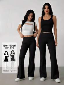 SHEIN PETITE Women's Minimalist Solid Color Wide Waist Flare Pants ,Petite Women - Black - View 2