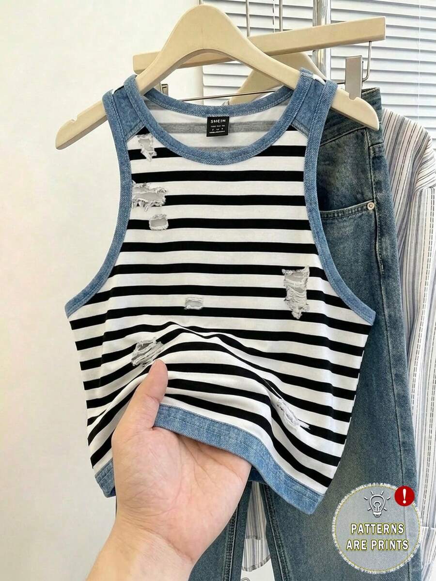 Divinelle Áo tank top nữ dáng ôm, cổ tròn, tối giản, chất liệu giả da máy móc đen trắng kẻ sọc, hiệu ứng giả rách, phù hợp cho mùa hè và phong cách đường phố. - Nhiều màu - Xem 1
