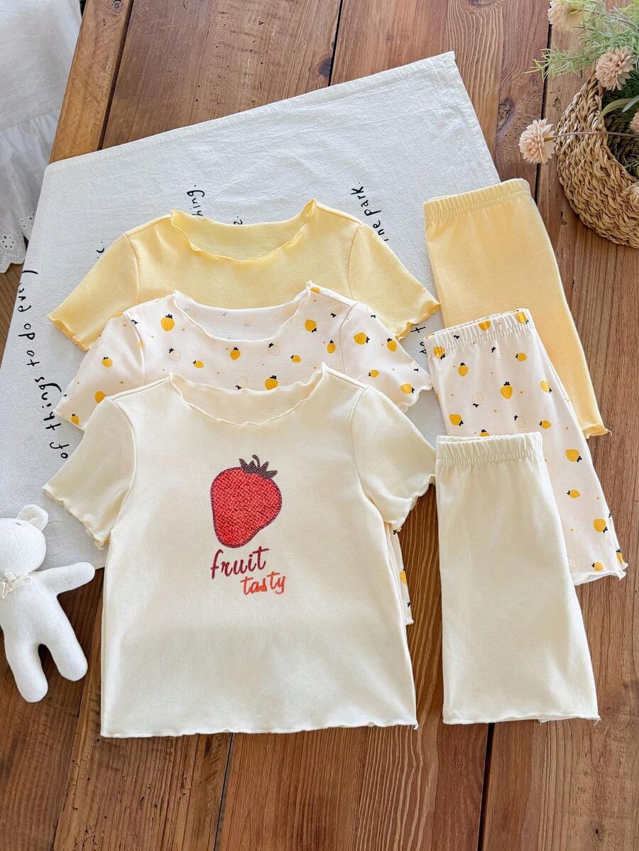 SHEIN LMoss Kids 女婴可爱卡通草莓图案荷叶边圆领短袖短裤柔软针织睡衣套装,6件套夏季 - 芥末黃 - 查看 1
