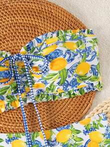 SHEIN Swim 女士夏季沙滩度假新款可爱无肩带碎花荷叶边甜美小碎花搭配精致珍珠吊坠抽绳比基尼套装 - 彩色 - 查看 6