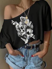 SHEIN EZwear 女士休闲骷髅和扑克牌印花不对称肩部短款超大短袖 T 恤，适合夏季 - 黑色 - 查看 4