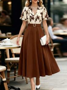 SHEIN Đầm nữ màu nâu họa tiết hoa, phối nhiều mảnh, dáng chữ A, tay bồng, cổ áo sơ mi, thắt eo. - Nhiều màu - Xem 8