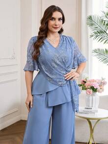 Reflora Plus Size Women's 2 Pieces Set,Elegant Blue And White Embroidered Summer Outfits,Charming Suits For Wedding Graduation Ceremony,Elegant Set - Blue - View 7