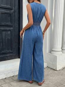 Serisse Bộ jumpsuit denim không tay cổ chữ V, thắt eo, dáng rộng dành cho nữ mùa hè, thích hợp mặc đi lễ hội, đi nghỉ mát, tốt nghiệp, phong cách Y2K dễ thương, thời trang đường phố, dự tiệc cưới, thanh lịch, công sở, đi biển, tốt nghiệp, thời trang nữ, jumpsuit denim không tay cổ chữ V, eo chun, ống rộng, thích hợp mặc hàng ngày. - Màu xanh lam - Xem 2