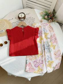 LMoss Kids 2pcs Baby Girl Woven Solid Color Ruffle Collar Top And Loose Ditsy Floral Pants Set - Red - View 2
