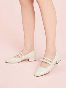 CUCCOO DOLLMOD Zapatos de mujer con punta redonda, de cuero patentado beige, con lazo y doble correa, tacón grueso, estilo Mary Jane, estilo universitario, lindo, dulce, tacones altos - Blanco roto - Ver 3