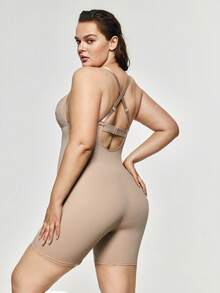 SHAPORA Shorts moldeadores de unicolor con espalda cruzada para mujeres de talla grande - Caqui - Ver 2