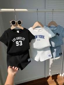 SHEIN 6件套男婴男女通用夏季休闲运动纹理面料T恤短裤套装，基础款多件套，幼儿男童运动服 - 彩色 - 查看 6