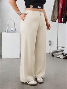 SHEIN EZwear 加大码纯色斜插口袋休闲基础款西装裤，杏色，高腰夏季裤装 - 杏色 - 查看 5