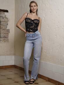 Cassandra Jullia 性感蕾絲透視吊帶上衣，派對、約會之夜、通勤、可愛內搭胸罩、性感夜店上衣、馬甲上衣、外出上衣、可愛上衣、夏季蕾絲休閒上衣 - 黑色 - 查看 6