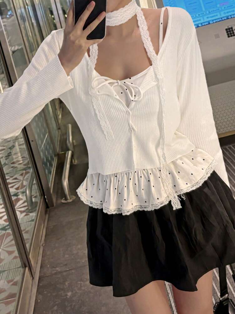 Women's Polka Dot Pleated Camisole And Cardigan Casual 2 Pieces Set