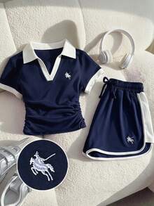 Tween Girls Polo Collar Co-Ord Set, Blue & White Splice Color Block Snug Fit Short Sleeve, Waist Ruched, Versatile & Minimalist, Spring/Summer - Blue and White - View 2