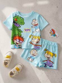 Nick 90s | SHEIN Bộ áo thun và quần short in hình hoạt hình cho bé trai - Màu xanh lam - Xem 3
