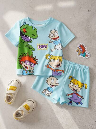 Nick 90s | SHEIN Conjunto de camiseta y pantalones cortos con estampado de dibujos animados para niño bebé