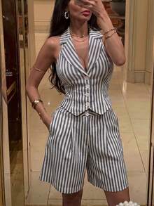 SHEIN SXY Bộ áo vest và quần short kẻ sọc một hàng cúc dành cho nữ. - Xanh và trắng - Xem 8