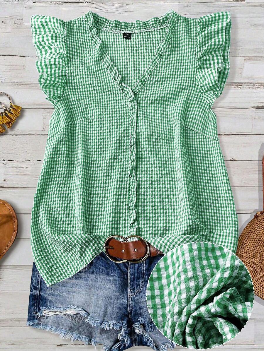 SHEIN LUNE CURVE Áo kiểu nữ cỡ lớn cổ điển kẻ caro, chất liệu vải dệt, cổ chữ V, tay cánh hoa, viền bèo nhún, dáng ôm vừa vặn, kiểu dáng thường ngày. - màu xanh lá - Xem 1
