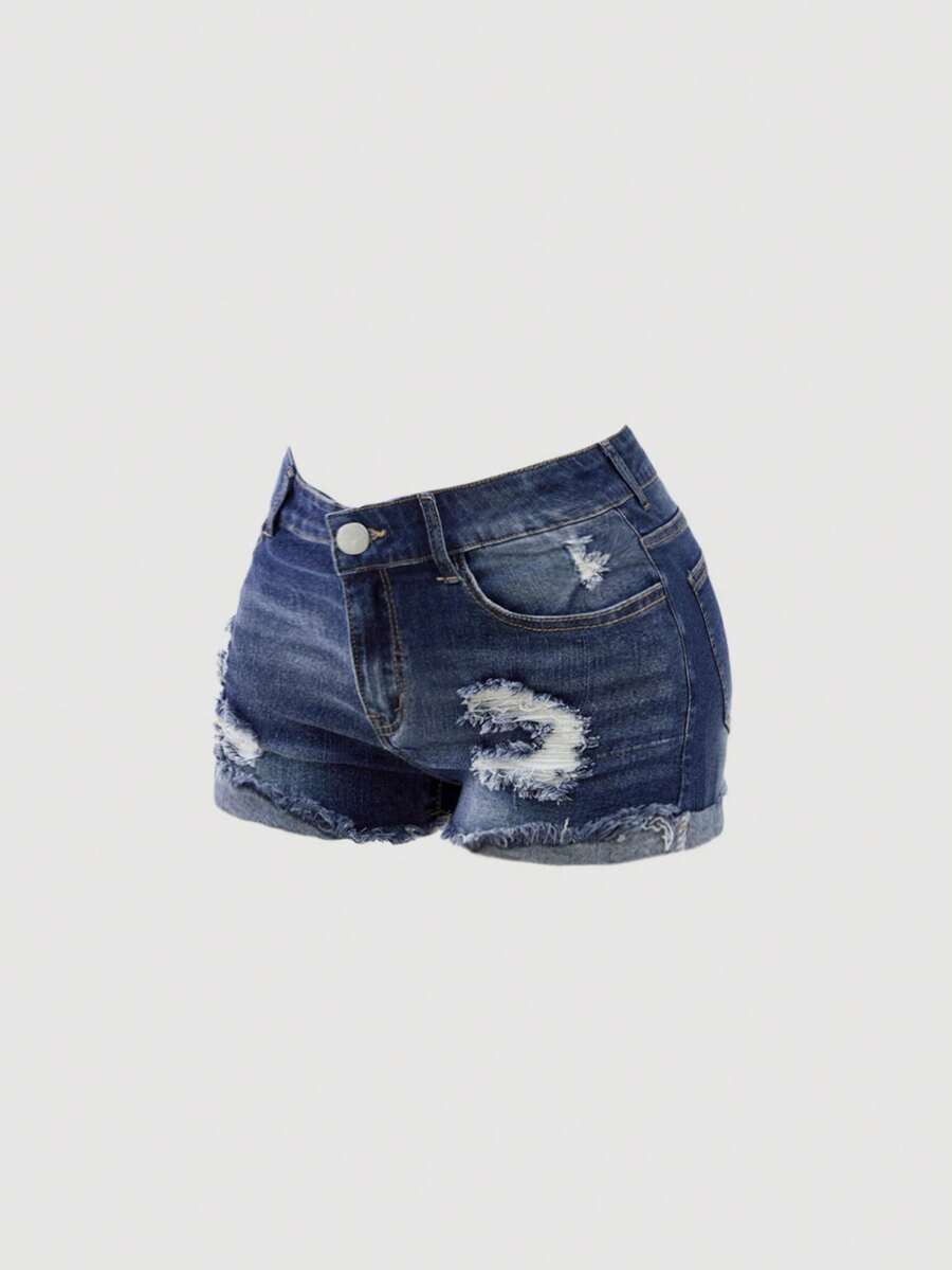 SHEIN Girlism Teen Girls Y2k Casual Vintage Cool Street Confortable -Cut Elements Denim Shorts For Dai - Dark Wash - View 1