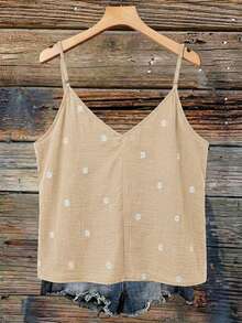 SHEIN VCAY Plus Size Women Daisy Embroidery Print V-Neck Ruffle Trim Loose Camisole - Apricot - View 2