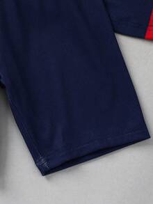 SHEIN Bubblio 2pcs/Set Kids Boy Sports Style Red & Blue Striped Jersey, Barcelona Team Logo Print Round Neck Short Sleeve Shorts, Casual Comfortable Pajamas - Multicolor - View 7