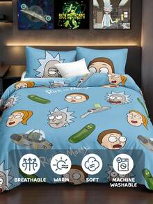 Rick and Morty X SHEIN Bộ 3 món màu xanh dương in hình nhân vật hoạt hình (1 vỏ chăn + 2 vỏ gối không kèm ruột), chất liệu microfiber, mềm mại và ấm áp, nhiều kích cỡ, phù hợp cho giường đơn/giường đôi/giường cỡ Queen/giường cỡ King, bộ đồ giường phong cách retro, trang trí dễ thương. - Màu xanh lam - Xem 6