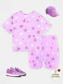 Bộ đồ hè 2 món cho bé gái, áo tay ngắn in hình công chúa và quần short in hình ngôi sao, màu tím, kiểu dáng thể thao năng động, ngọt ngào. - Nhiều màu - Xem 3