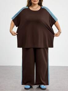 SHEIN CURVE+ Plus Size Women Light Blue Round Neck Short Sleeve T-Shirt And Pants Casual 2 Pieces Set Vacation Summer - Brown - View 4