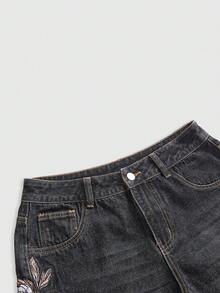 ROMWE Avant 男女皆宜的复古街头风中国虎纹花卉刺绣宽松阔腿七分牛仔裤 - 深灰色 - 查看 5
